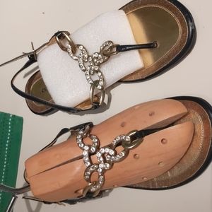 black classified sandals, flats, sz 6 1/2, leather upper w/jeweled decoration